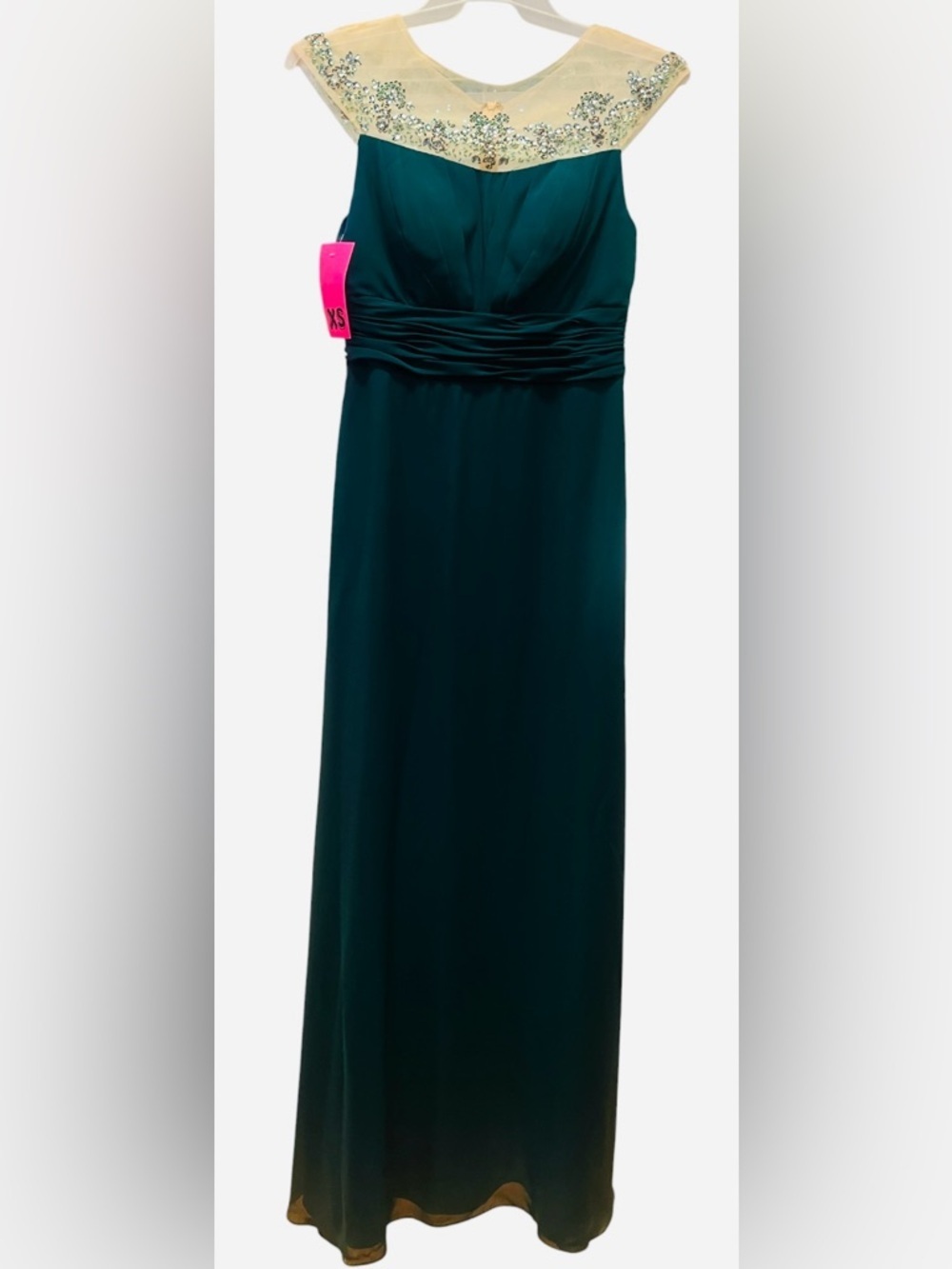 ONE BY EIGHT- Emerald Green Evening Dress with Beaded Illusion Neckline - Picture 4 of 11